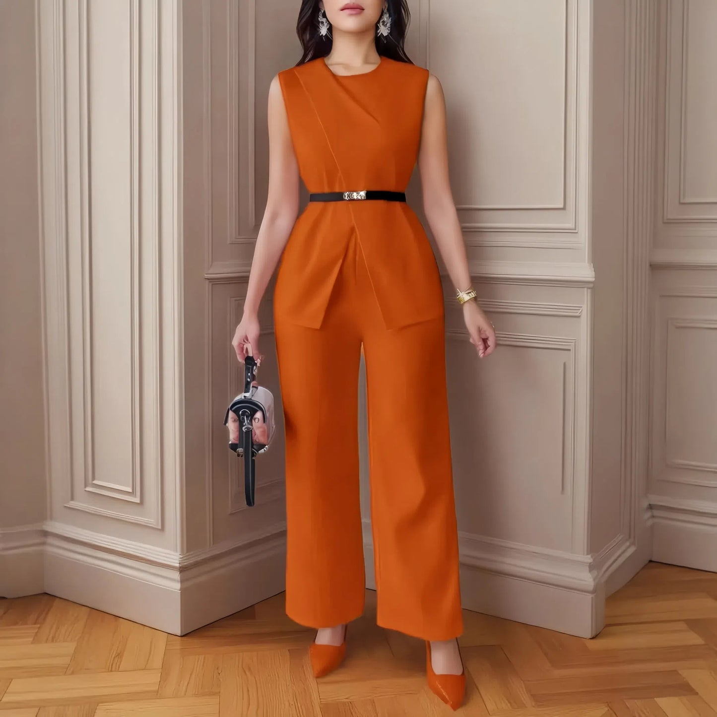 Completo Gilet con Cintura e Pantaloni Ampi - Rosso