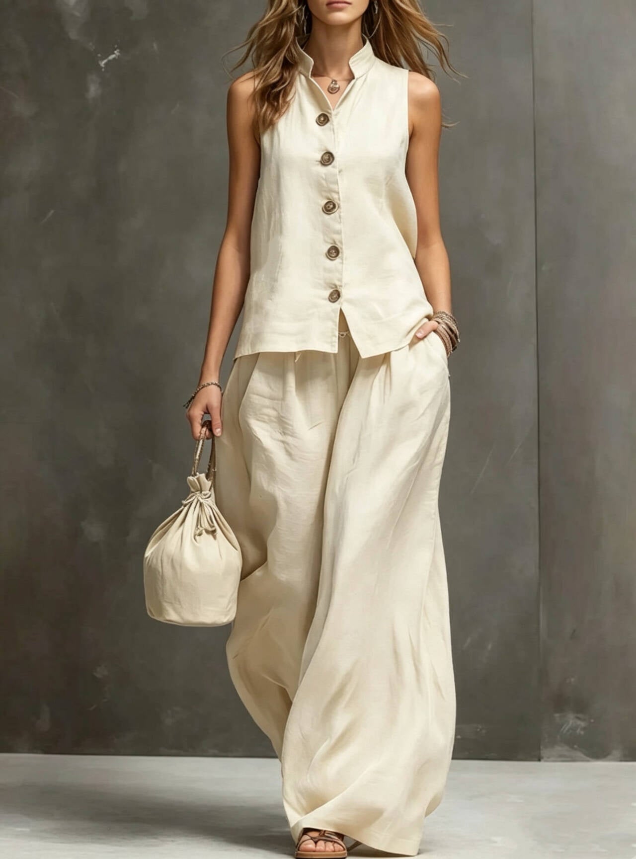 Completo Gilet Azzurro e Pantaloni Ampi - Bianco