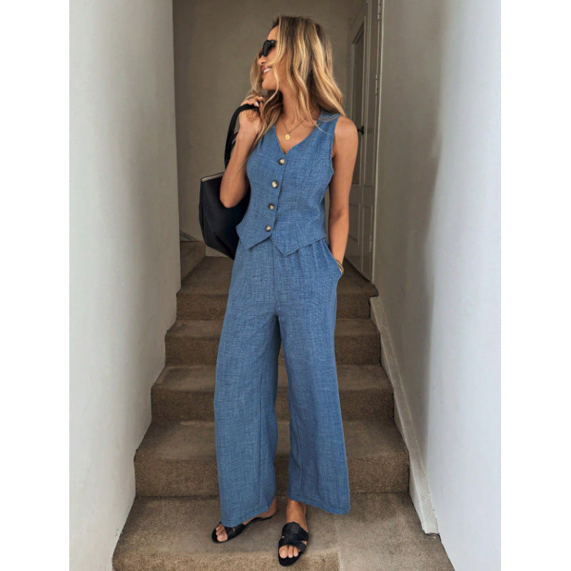 Completo Gilet V e Pantaloni Ampi Blu Lino - Blu