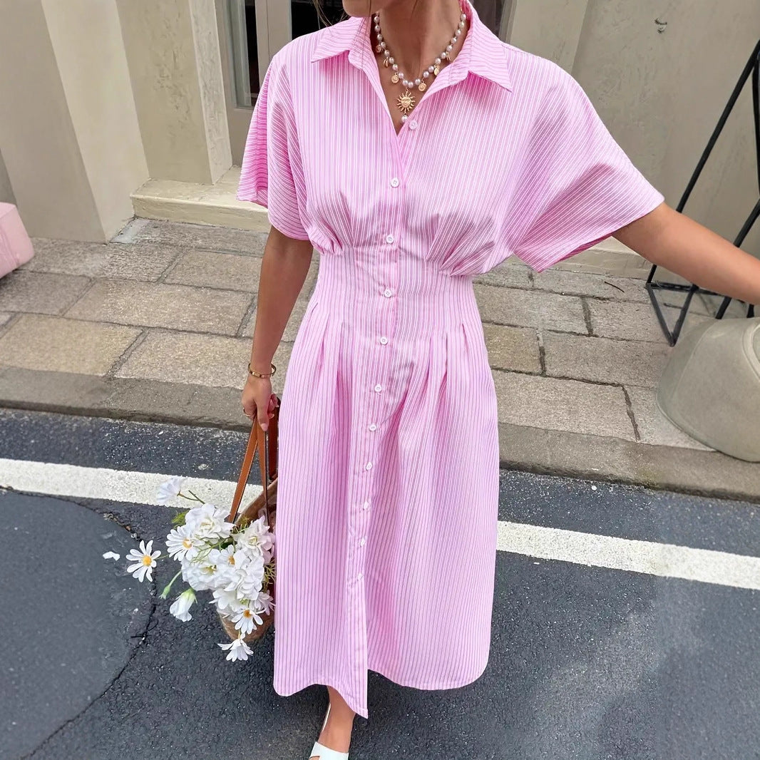 Abito chemisier rosa con vita arricciata