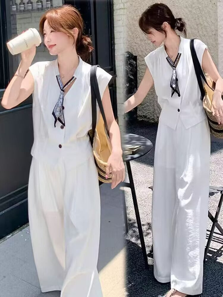 Completo Bianco con Gilet e Pantaloni Ampi - Bianco