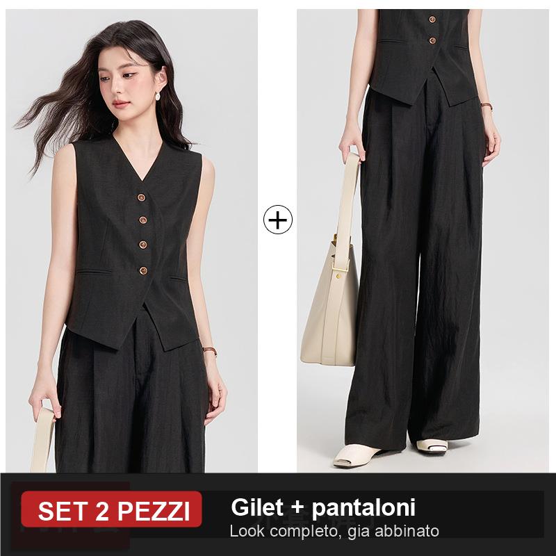 Completo Gilet Strutturato e Pantaloni Palazzo Effetto Lino