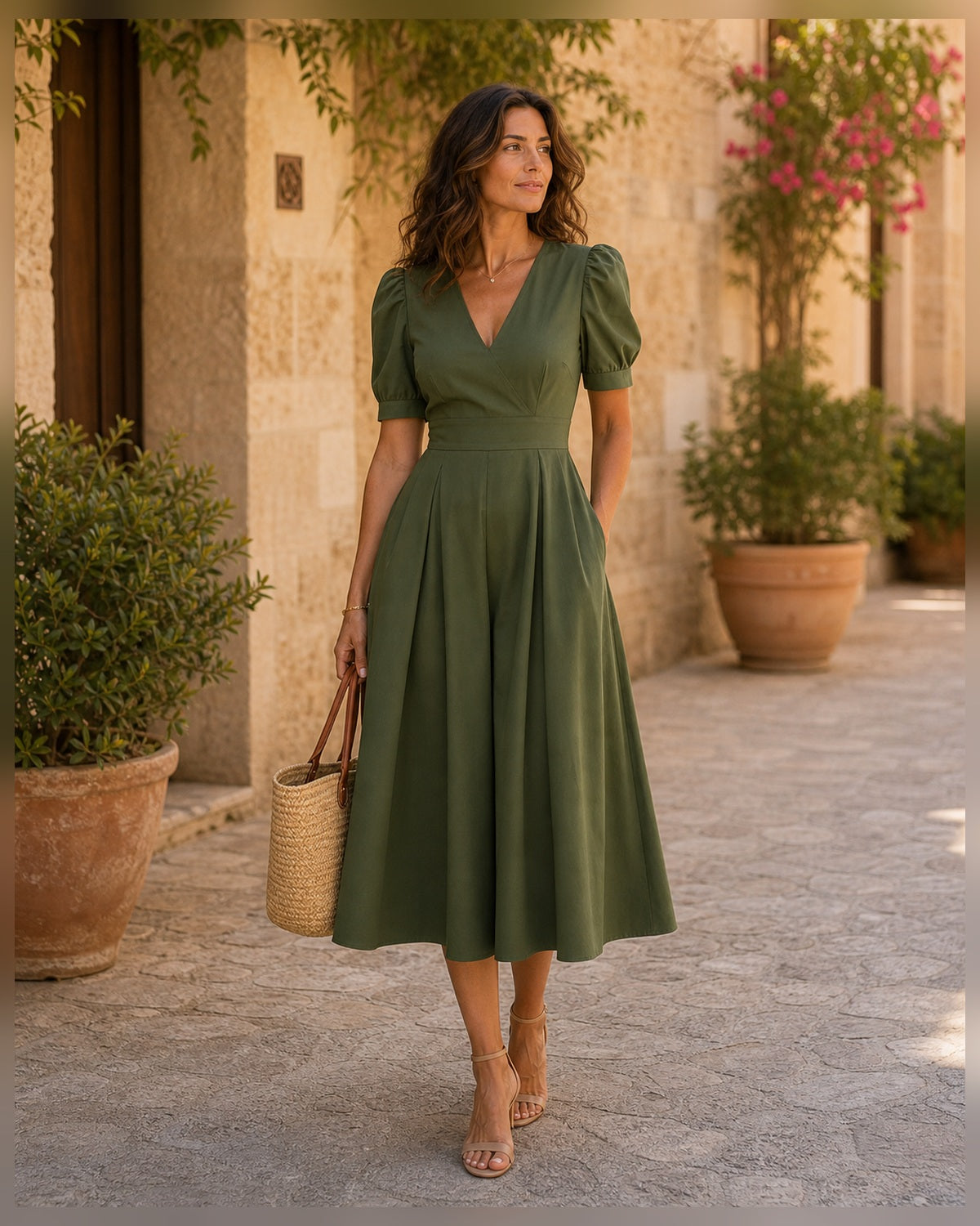 Abito midi con scollo a V e vita alta - Verde oliva, look mediterraneo elegante