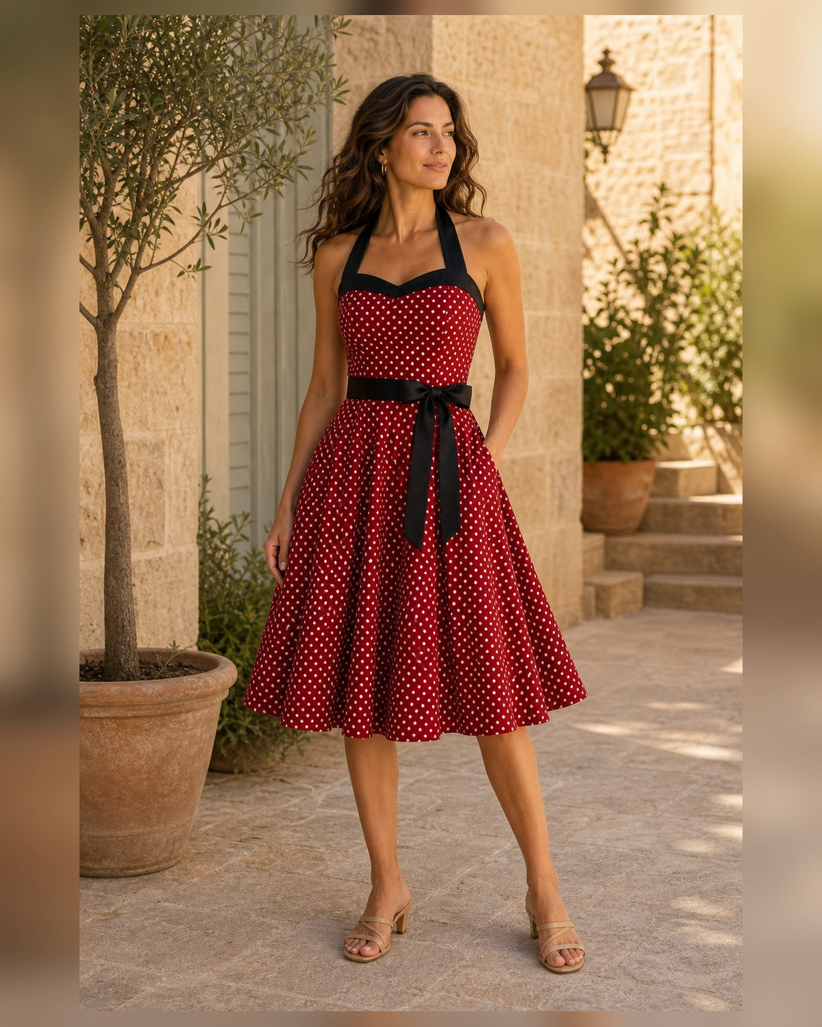 Abito a pois con scollo halter - Rosso ciliegia, look mediterraneo elegante