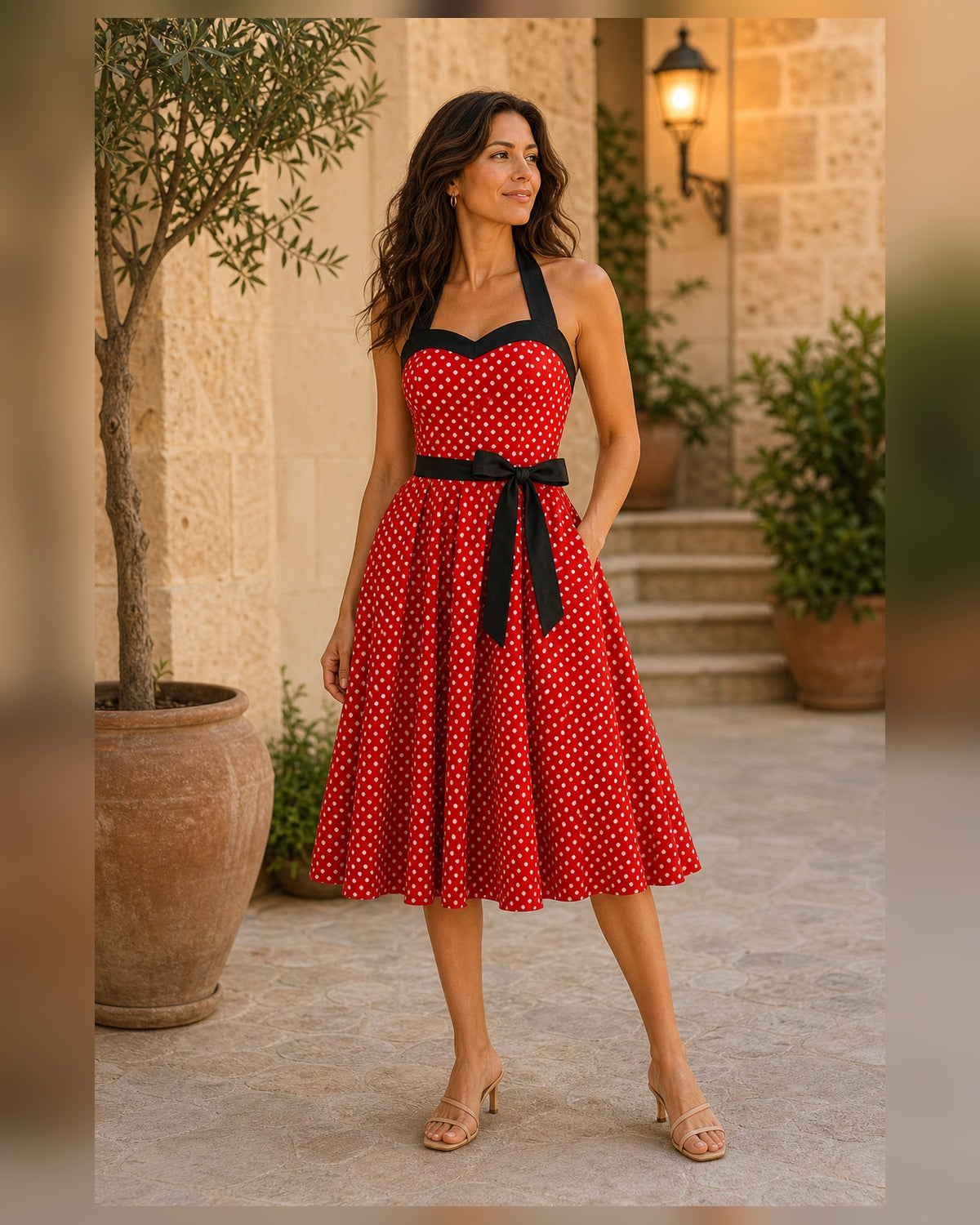 Abito a pois con scollo halter - Rosso, look mediterraneo elegante