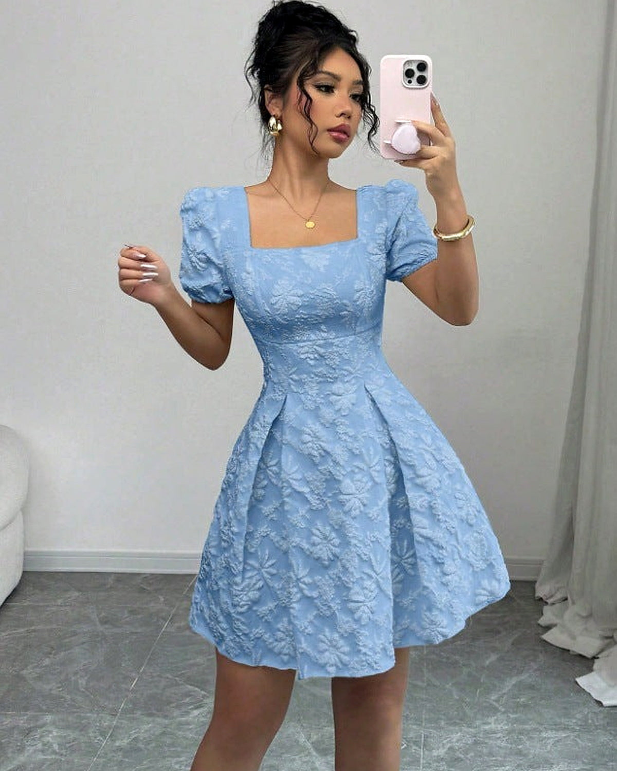 Abito Romantico con Scollo Quadrato - Azzurro