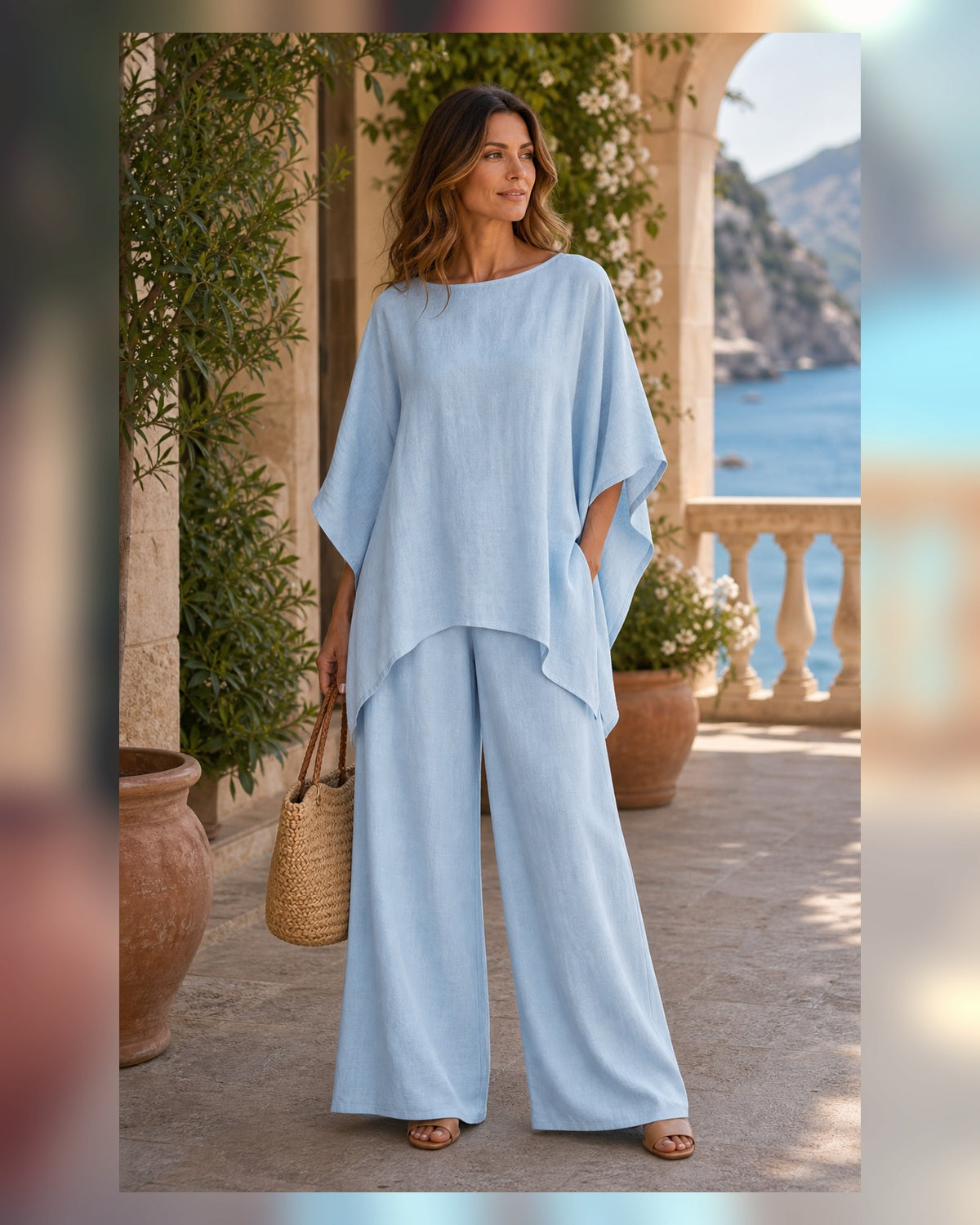 Completo Relax Camicia e Pantaloni in Lino - Azzurro, look resort elegante