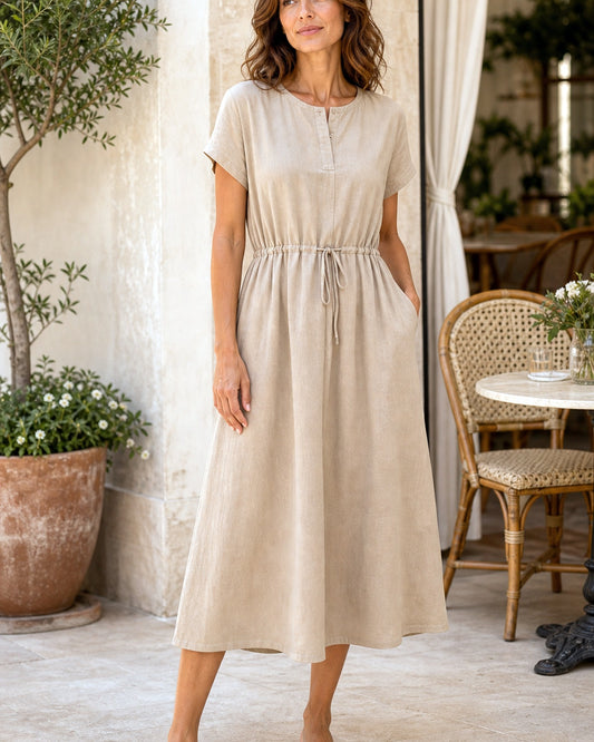 Abito Midi Estivo con Linea Elegante - Beige, look estate elegante
