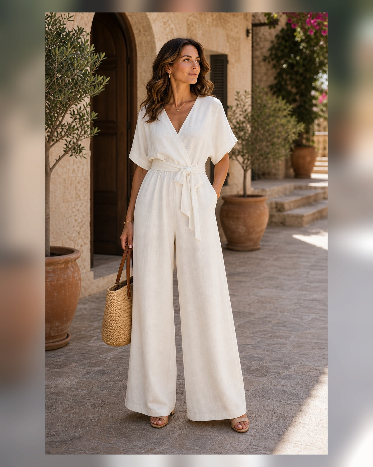 Tuta Scollo a V e Gamba Ampia - Bianco, look resort elegante