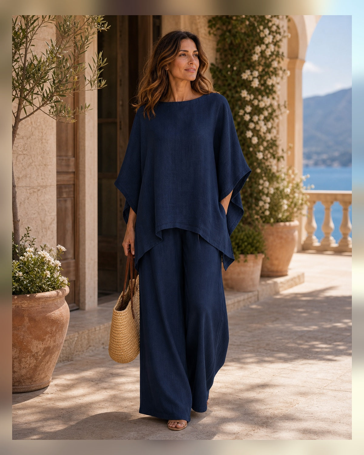 Completo Relax Camicia e Pantaloni in Lino - Blu navy, look resort elegante