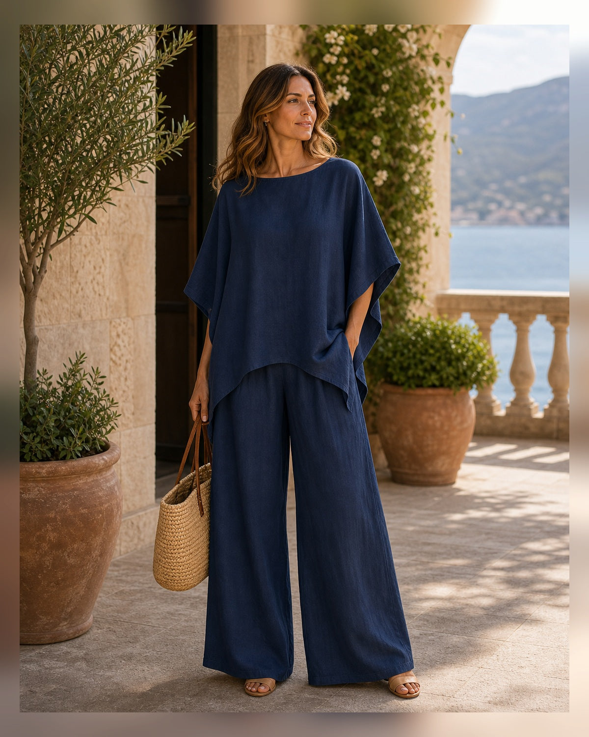 Completo Avorio in Lino con Camicia Morbida - Blu Navy, look resort elegante
