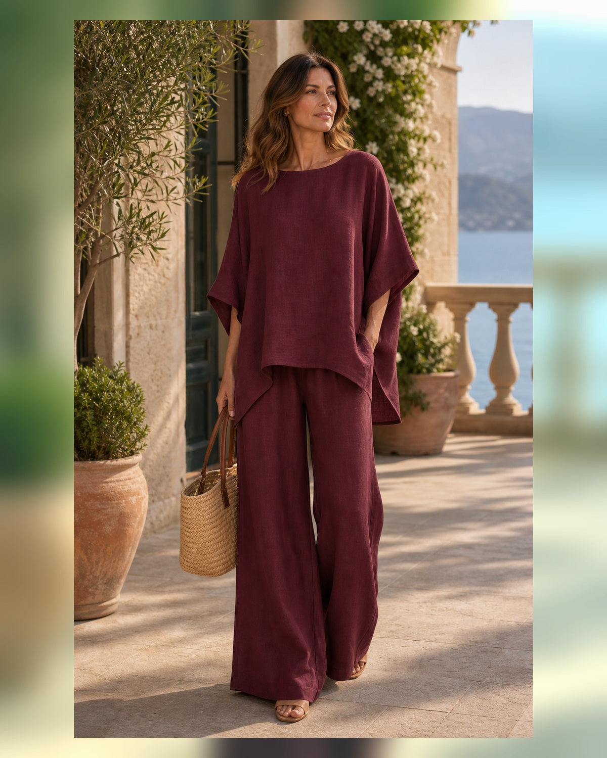 Completo Relax Camicia e Pantaloni in Lino - Bordeaux, look resort elegante
