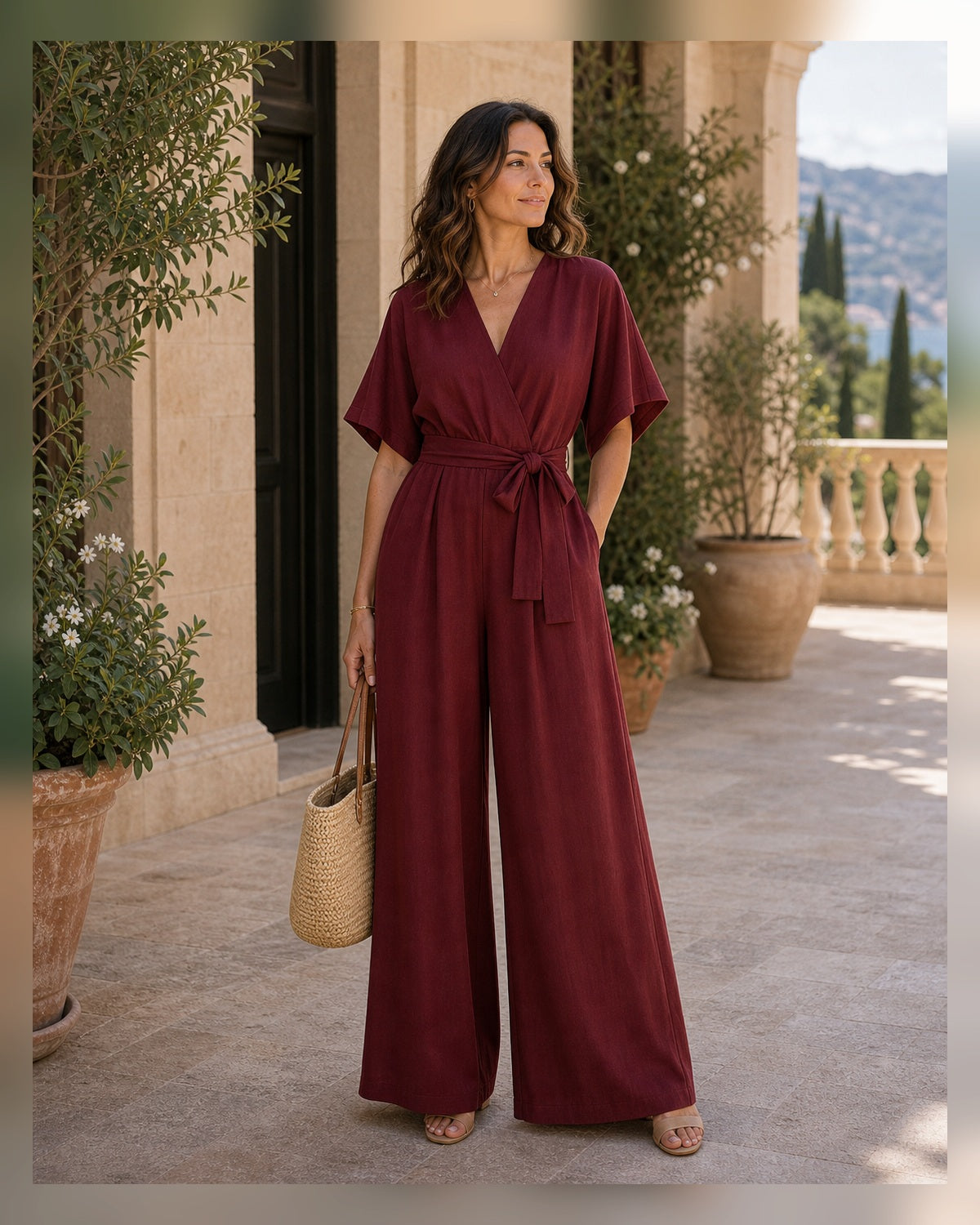 Tuta Scollo a V e Gamba Ampia - Bordeaux, look resort elegante