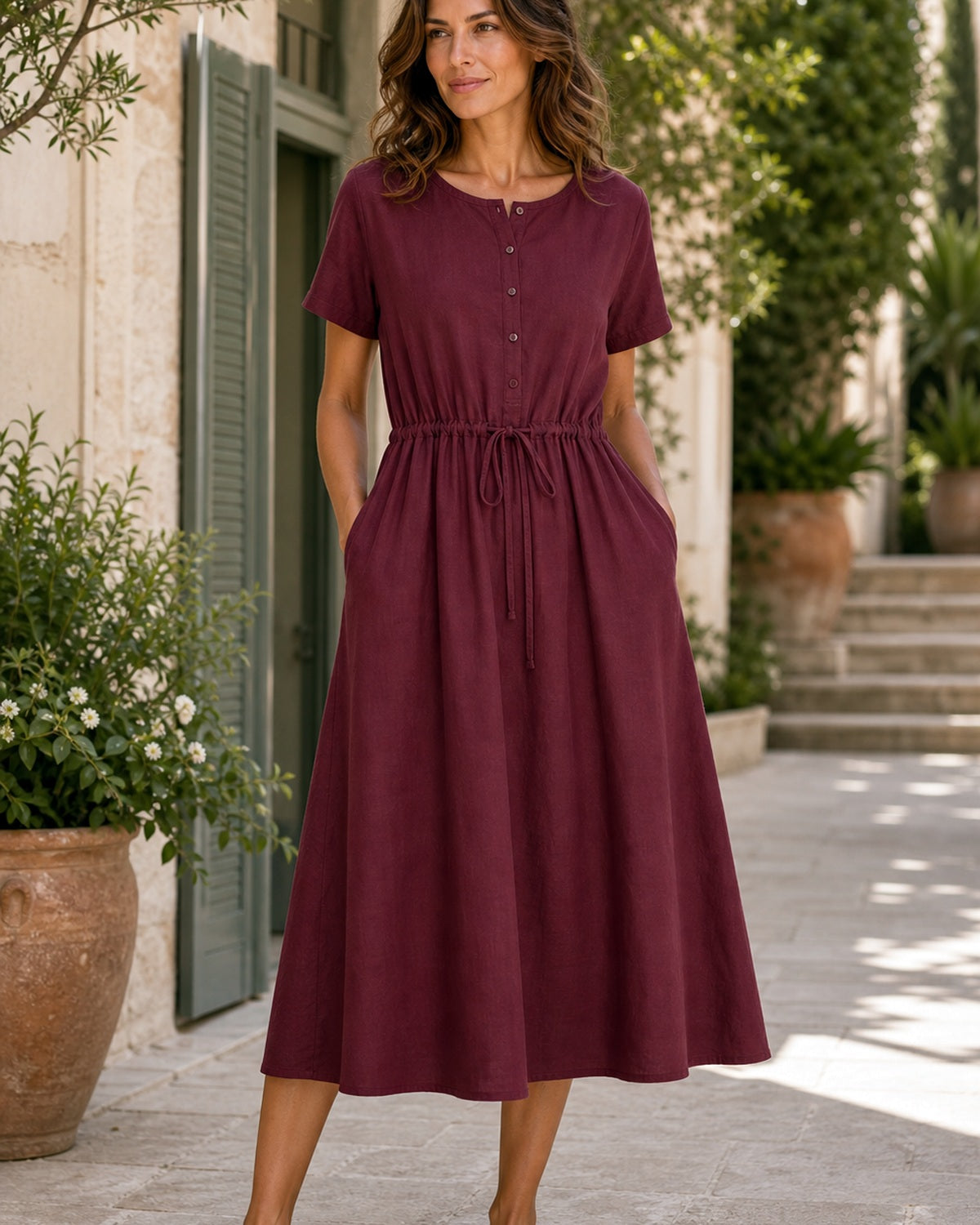 Abito Midi Estivo con Linea Elegante - Bordeaux, look estate elegante