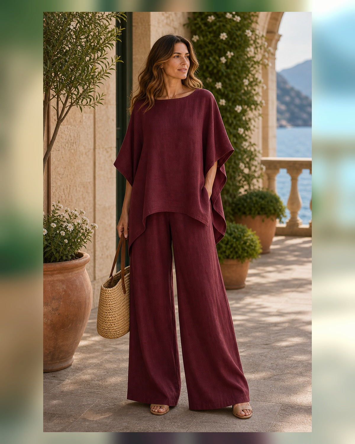 Completo Avorio in Lino con Camicia Morbida - Bordeaux, look resort elegante