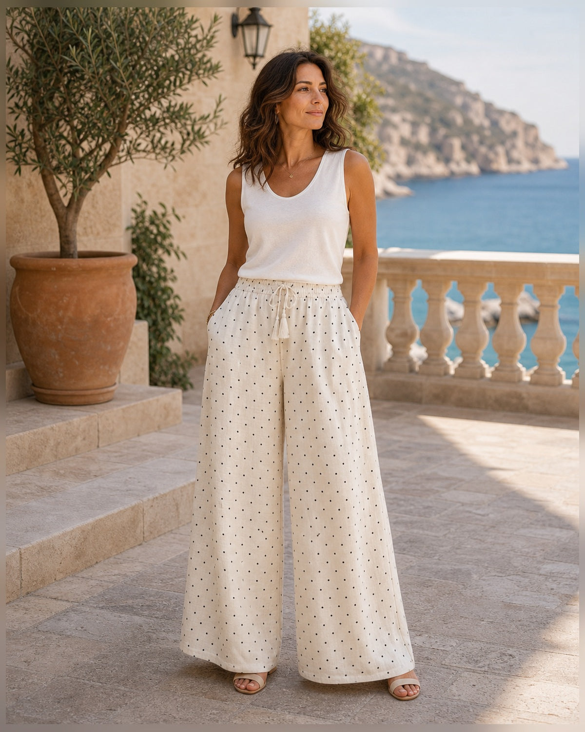 Completo Estivo Effetto Lino Bianco - Bianco a pois, pantaloni palazzo effetto lino