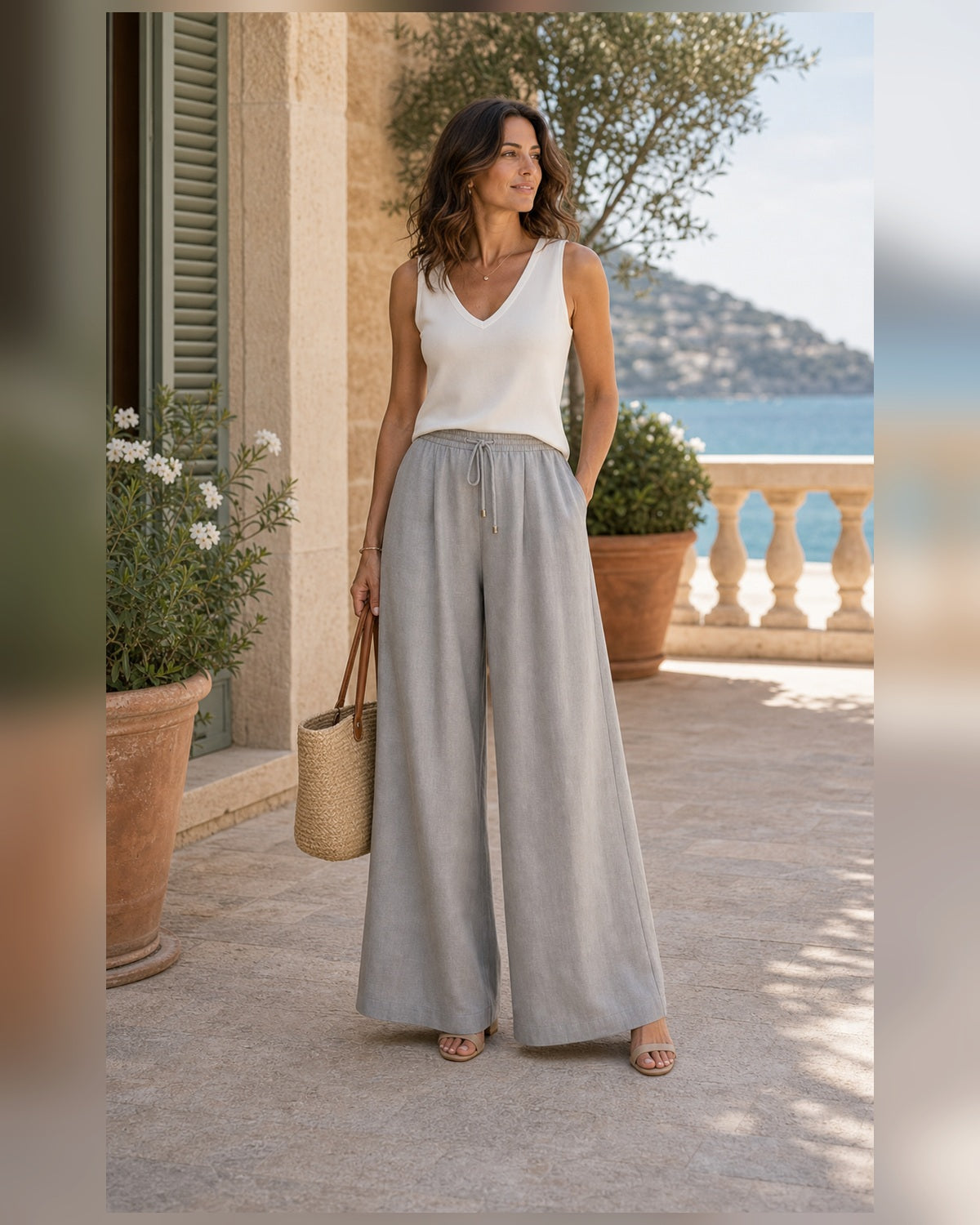 Completo Estivo Effetto Lino Bianco - Grigio chiaro, pantaloni palazzo effetto lino