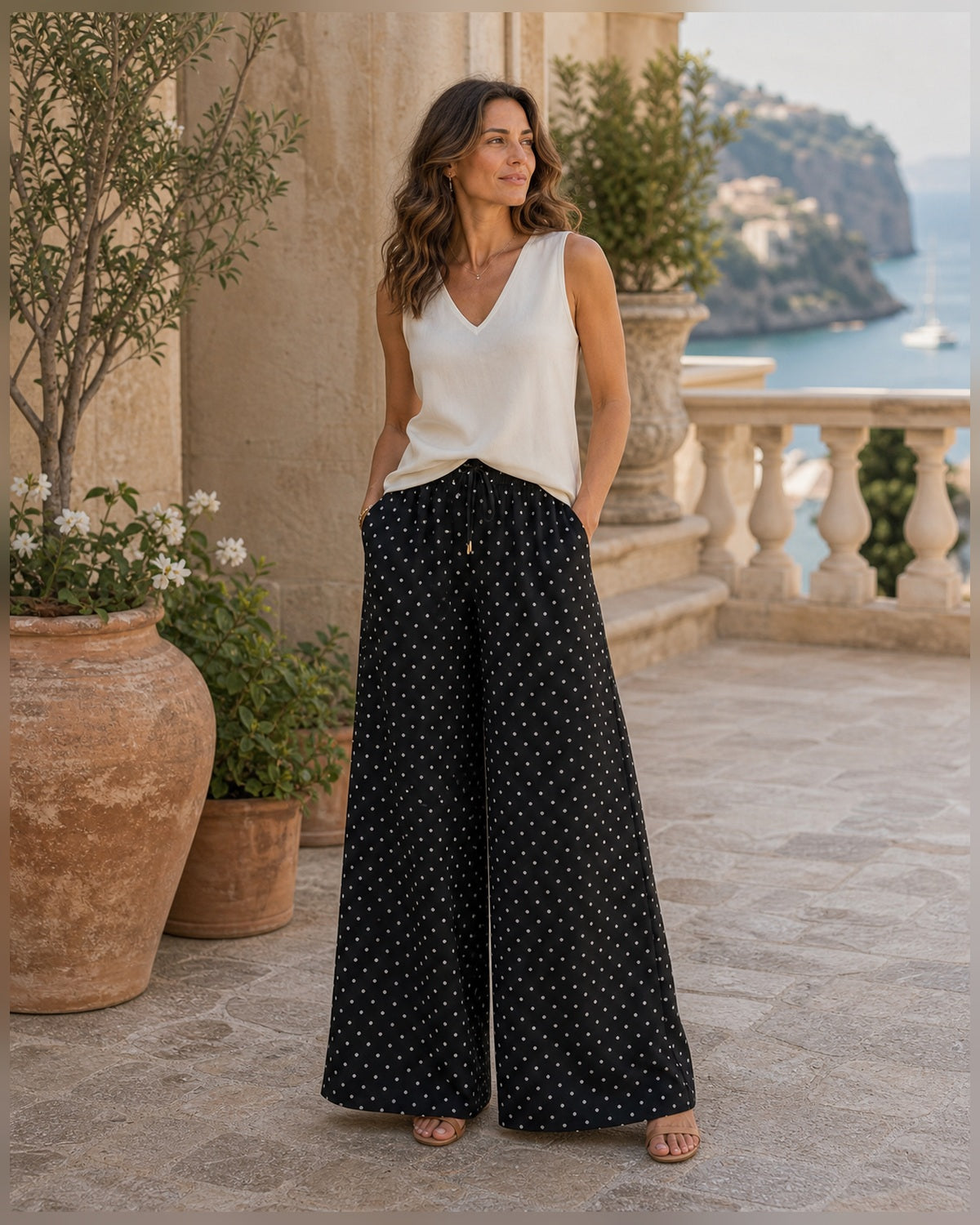 Completo Estivo Effetto Lino Bianco - Nero a pois, pantaloni palazzo effetto lino