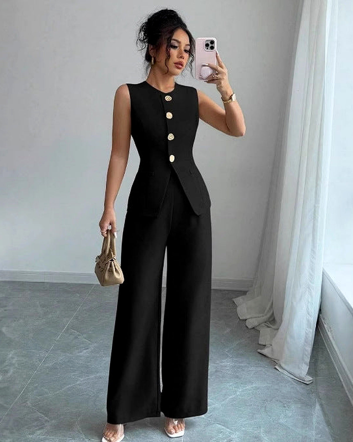 Completo Gilet Blu Navy e Pantaloni Palazzo - Nero