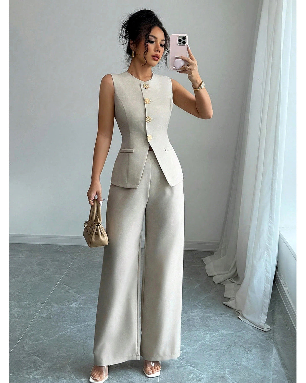 Completo Gilet Blu Navy e Pantaloni Palazzo - Beige lino