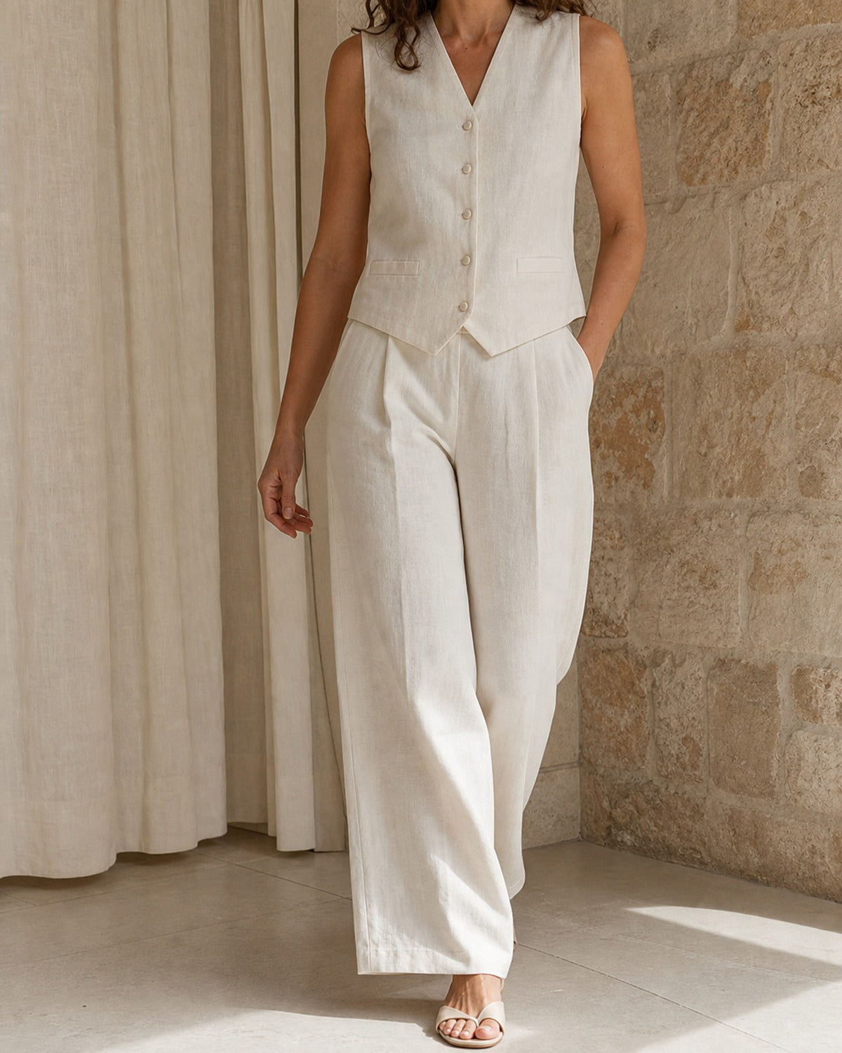 Completo Gilet Coreano e Pantaloni Ampi - Avorio, dettaglio lino