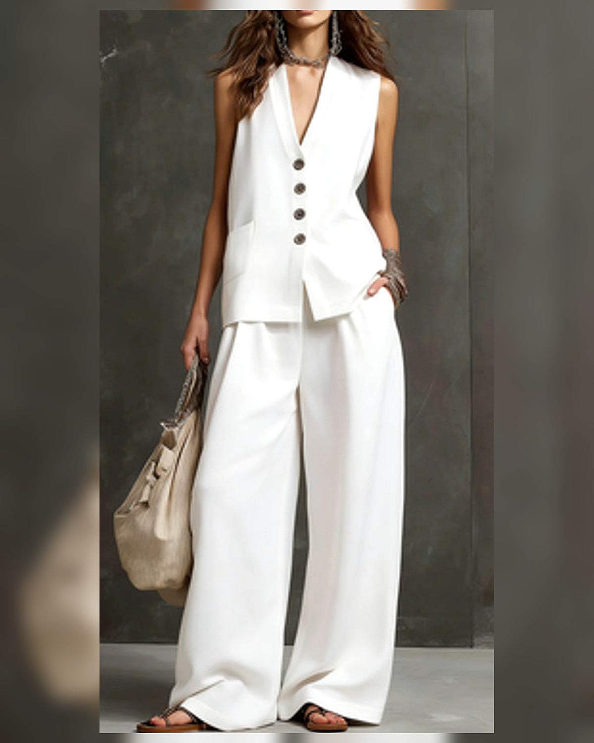 Completo Gilet con Pantaloni Palazzo - Bianco