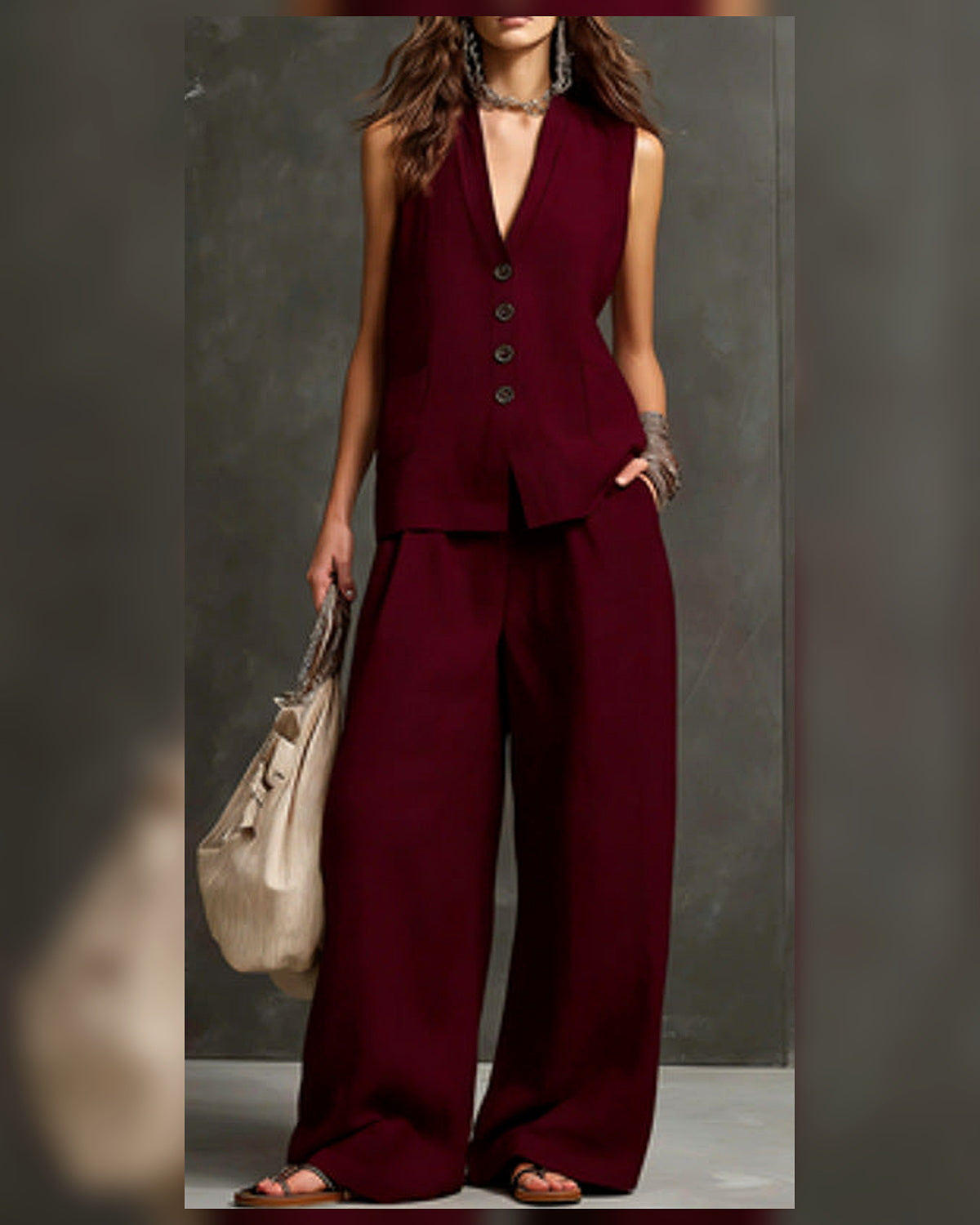 Completo Gilet con Pantaloni Palazzo - Rosso scuro