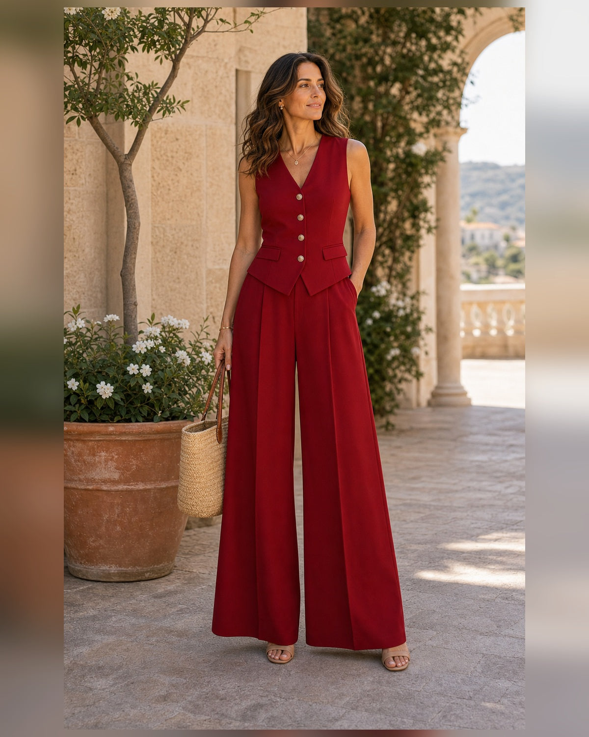 Completo Gilet con Pantaloni Palazzo - Rosso, look mediterraneo elegante