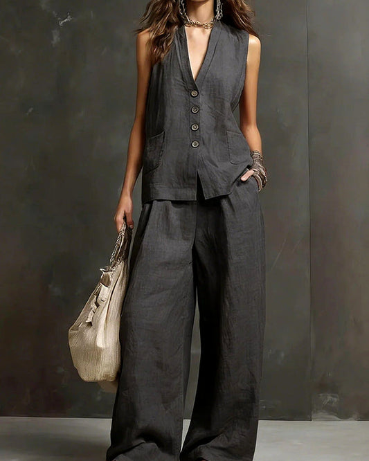 Completo Gilet Scuro e Pantaloni Palazzo - Grigio