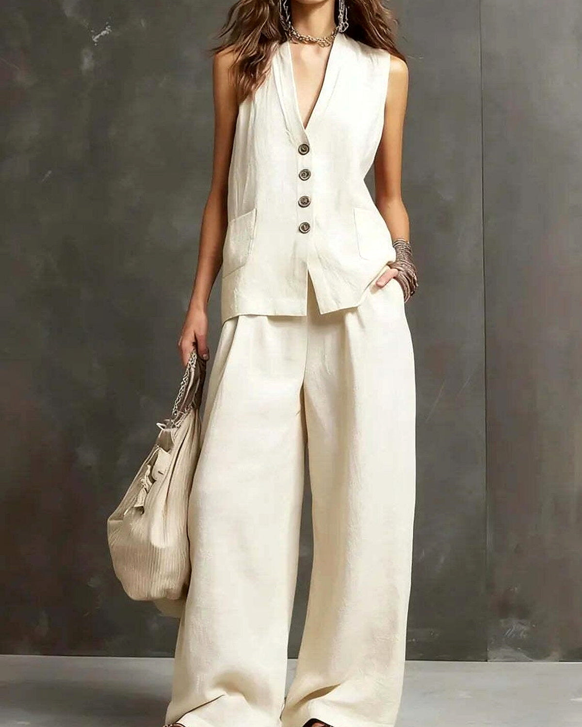 Completo Gilet Scuro e Pantaloni Palazzo - Bianco