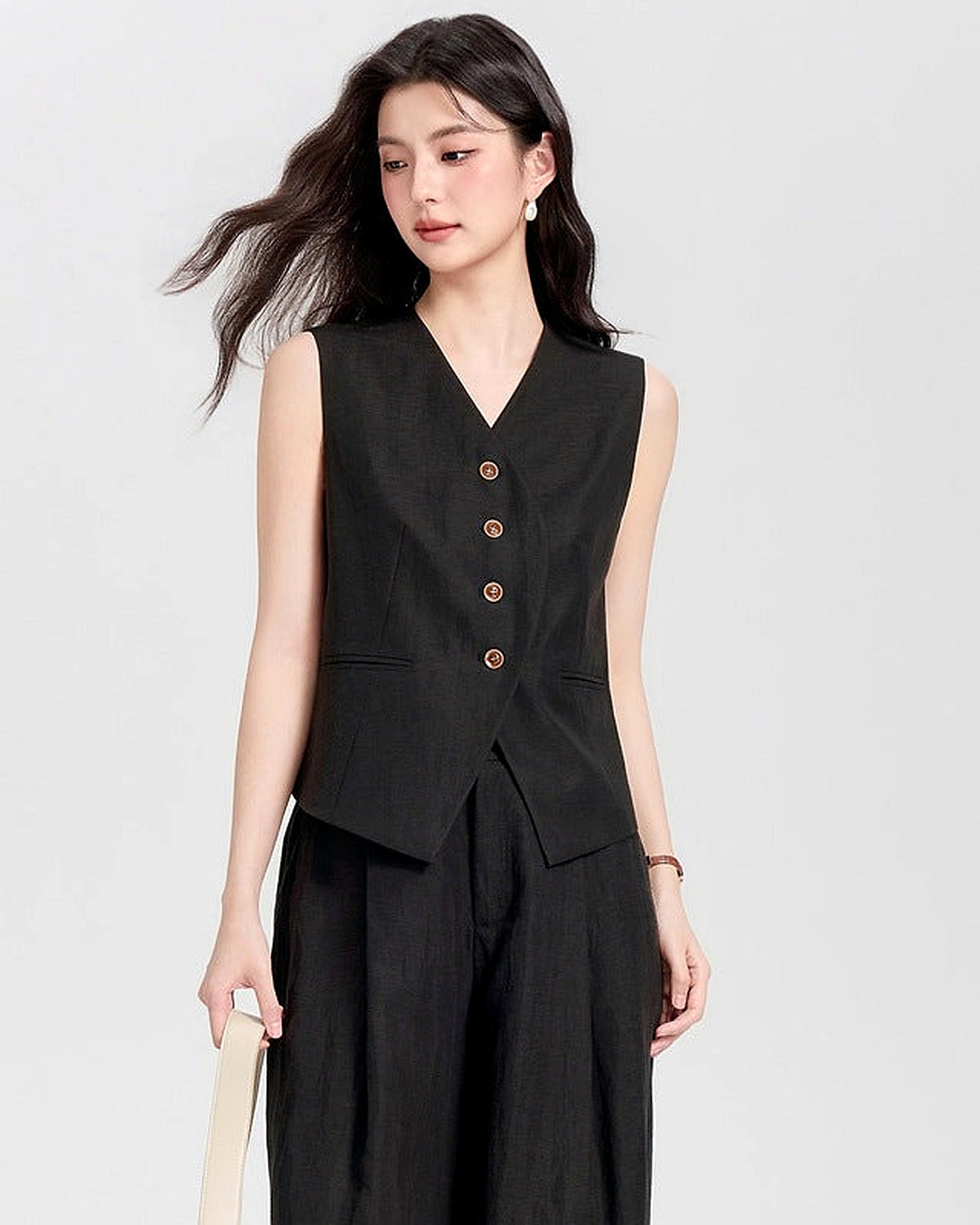 Completo Gilet Strutturato e Pantaloni Palazzo Effetto Lino - Nero