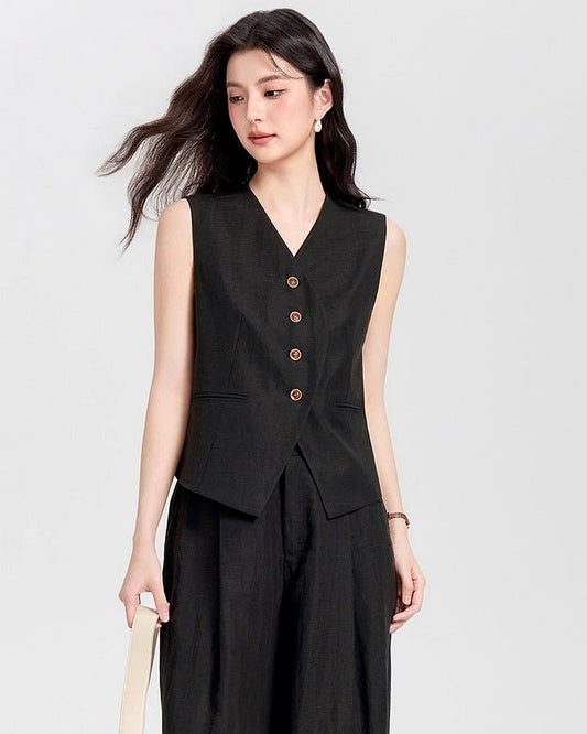 Completo Gilet Strutturato e Pantaloni Palazzo Effetto Lino - Nero