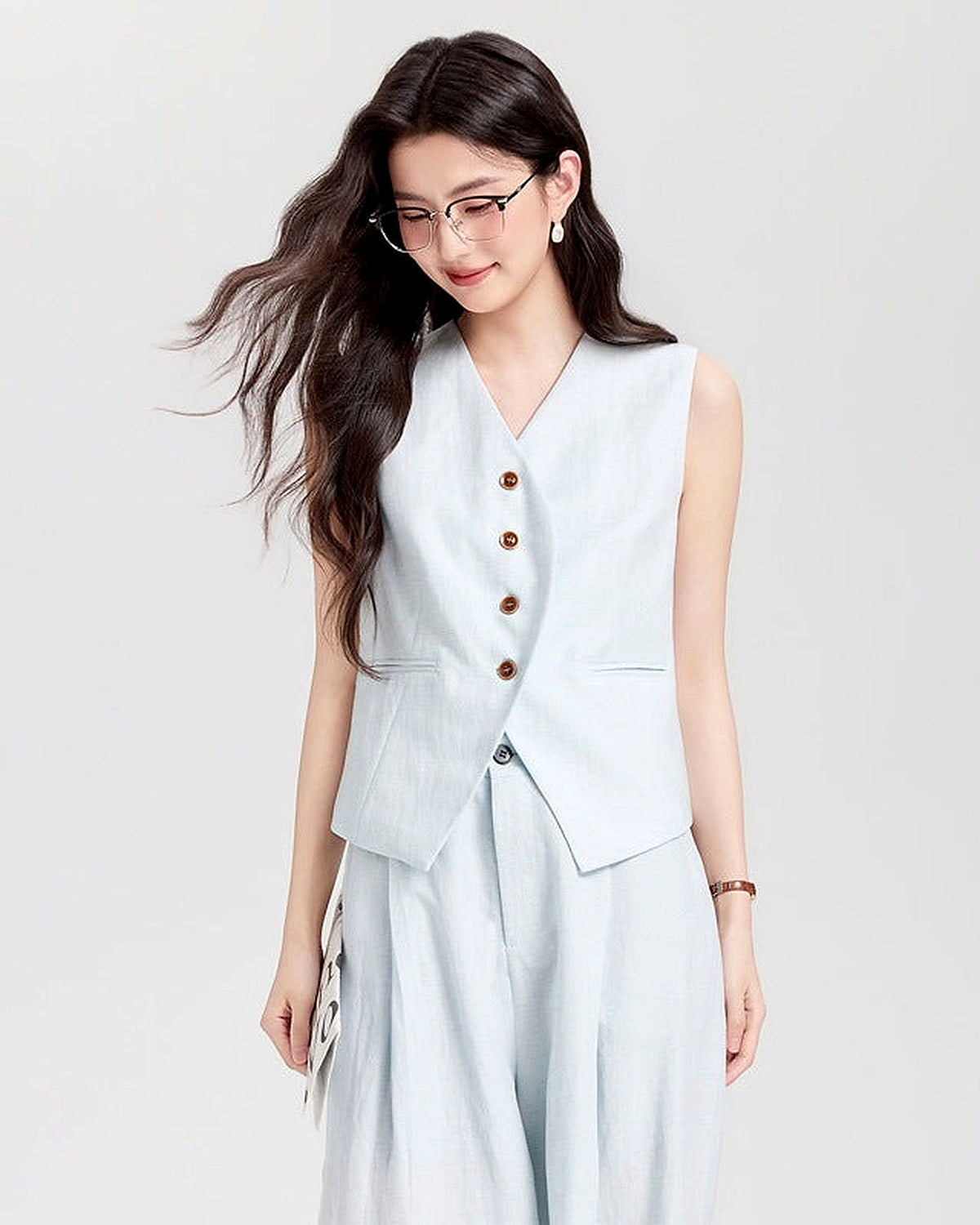Completo Gilet Strutturato e Pantaloni Palazzo Effetto Lino - Blu