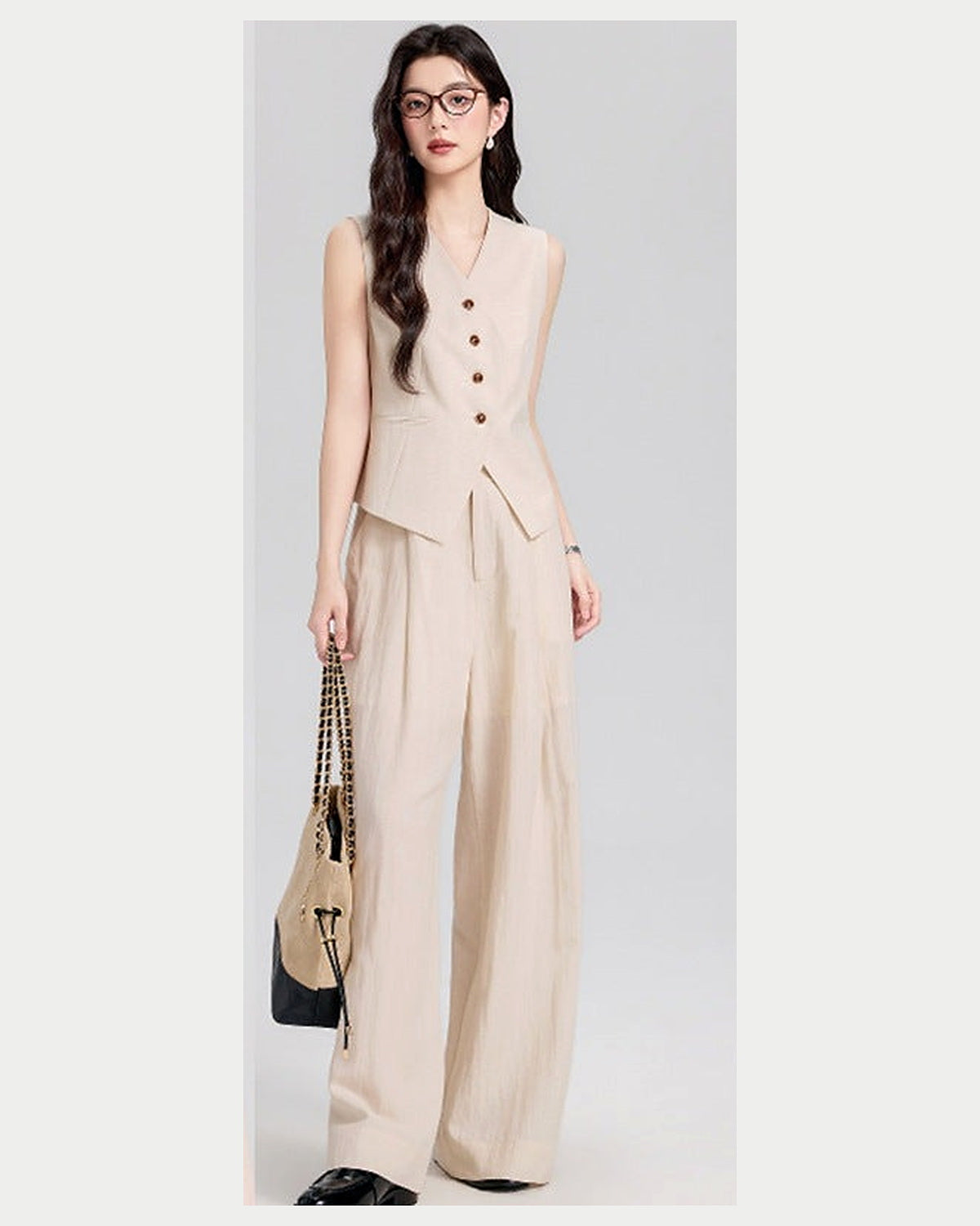 Completo Gilet Strutturato e Pantaloni Palazzo Effetto Lino - Beige lino