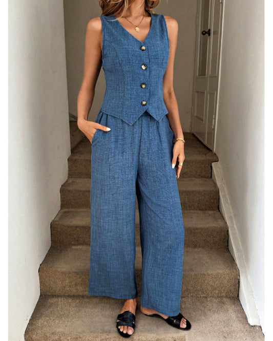 Completo Gilet V e Pantaloni Ampi Blu Lino - Blu