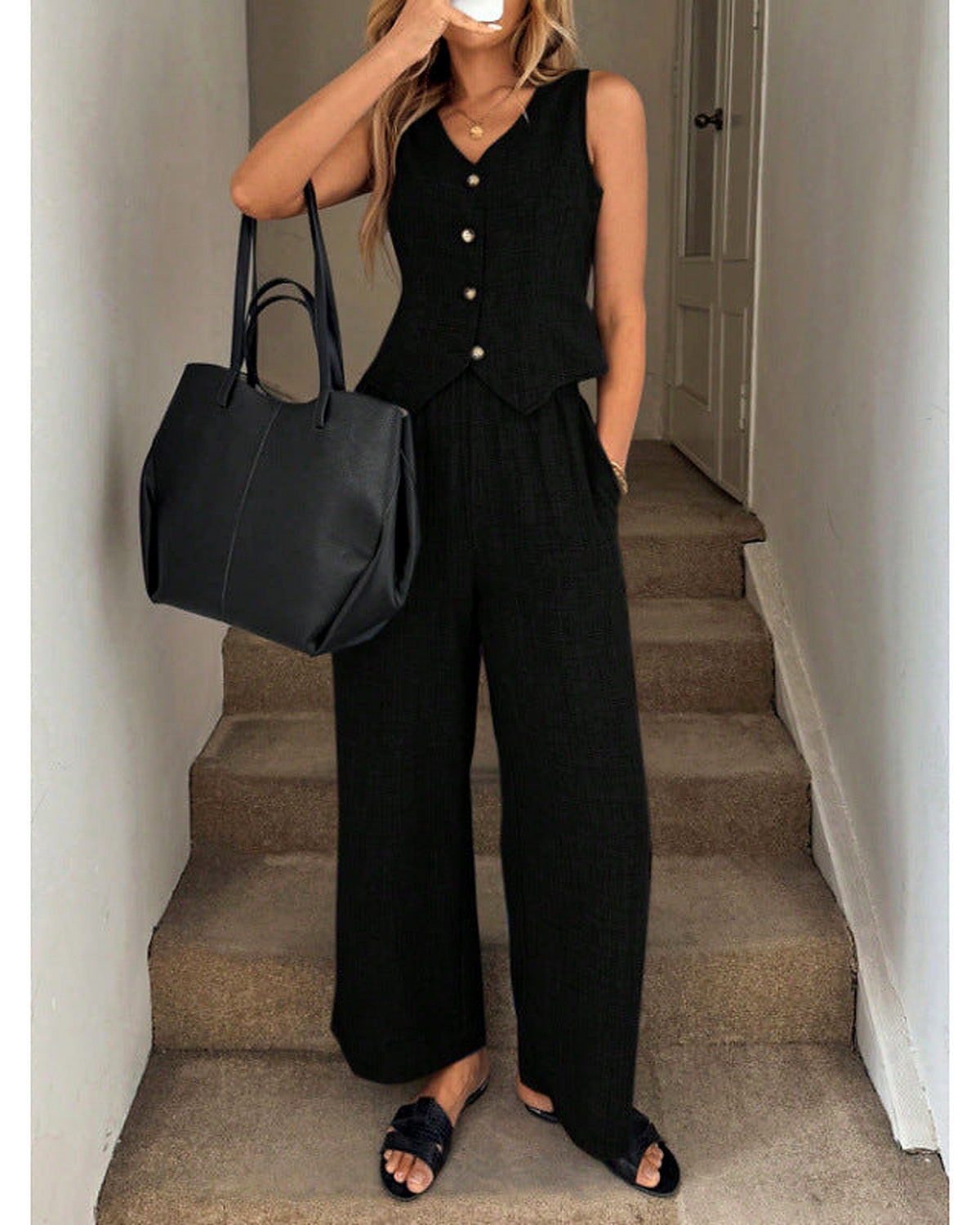 Completo Gilet V e Pantaloni Ampi Blu Lino - Nero