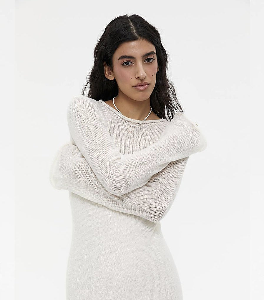 Completo in maglia traforata con abito sottoveste - Avorio - set maglia + abito sottoveste