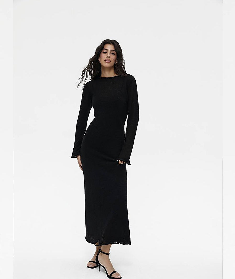 Completo in maglia traforata con abito sottoveste - Nero - set maglia + abito sottoveste