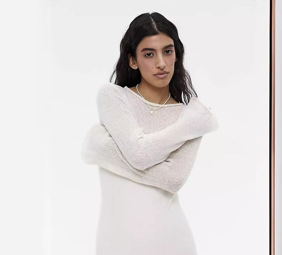 Completo in maglia traforata con abito sottoveste - Bianco latte - solo maglia