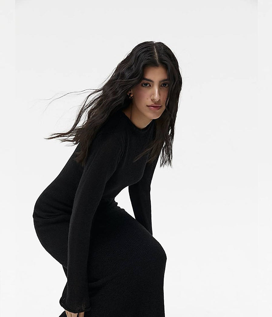 Completo in maglia traforata con abito sottoveste - Nero - solo maglia