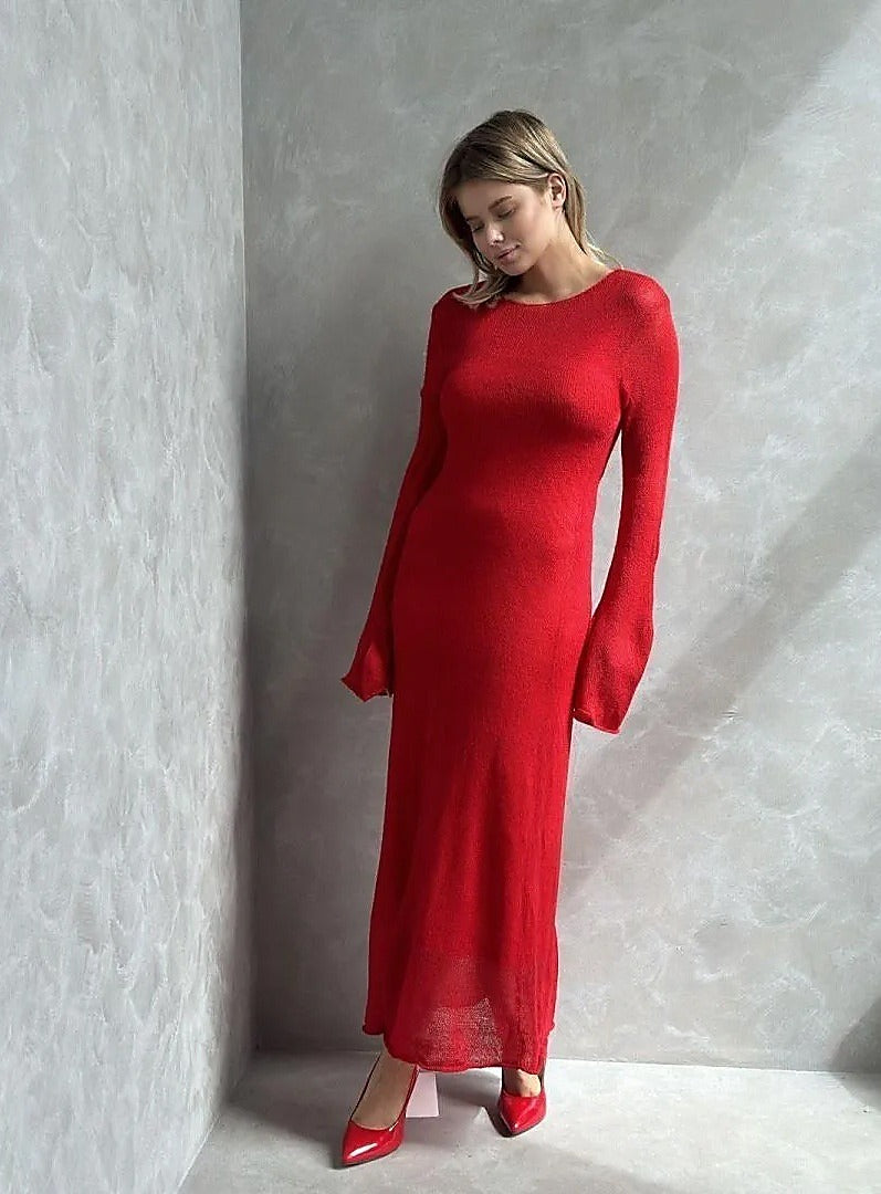 Completo in maglia traforata con abito sottoveste - Rosso - maglia + abito bianco