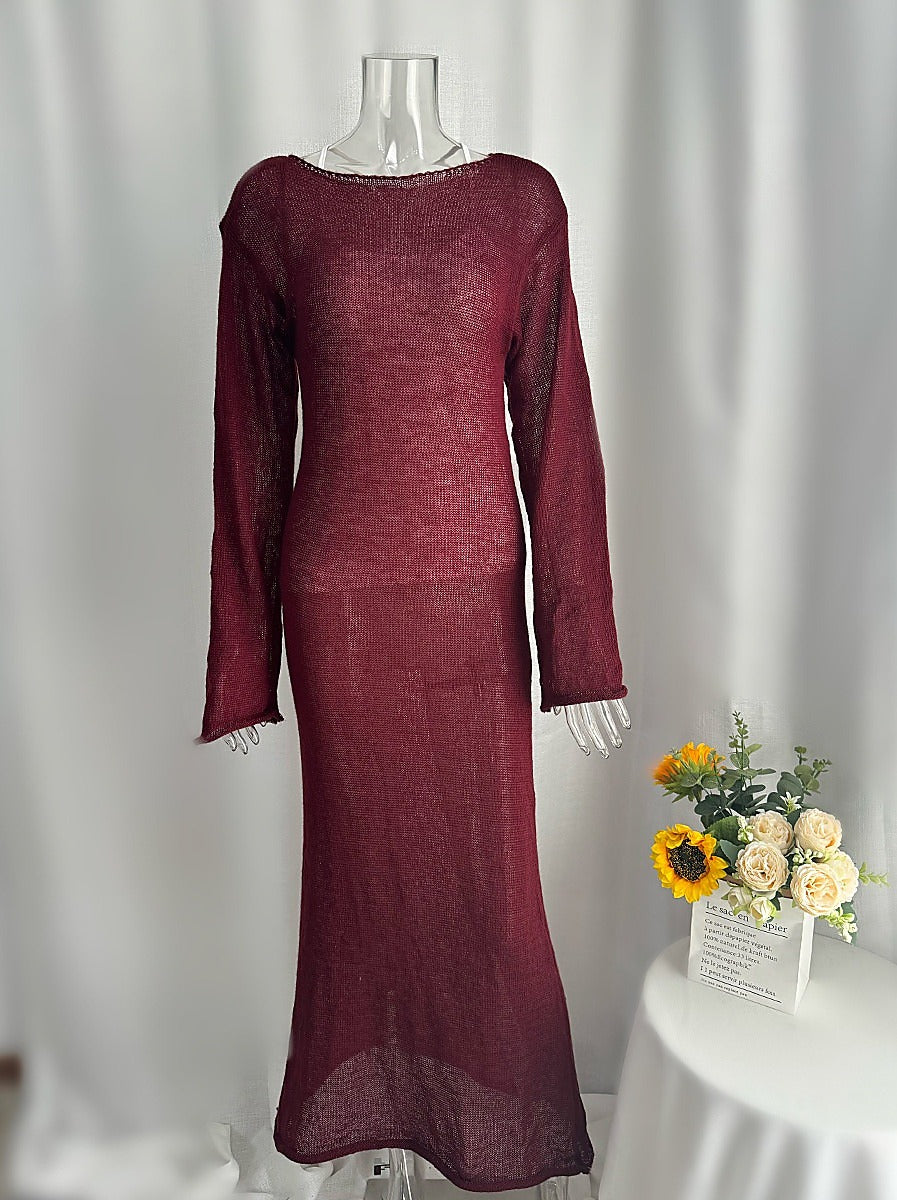 Completo in maglia traforata con abito sottoveste - Bordeaux - solo maglia