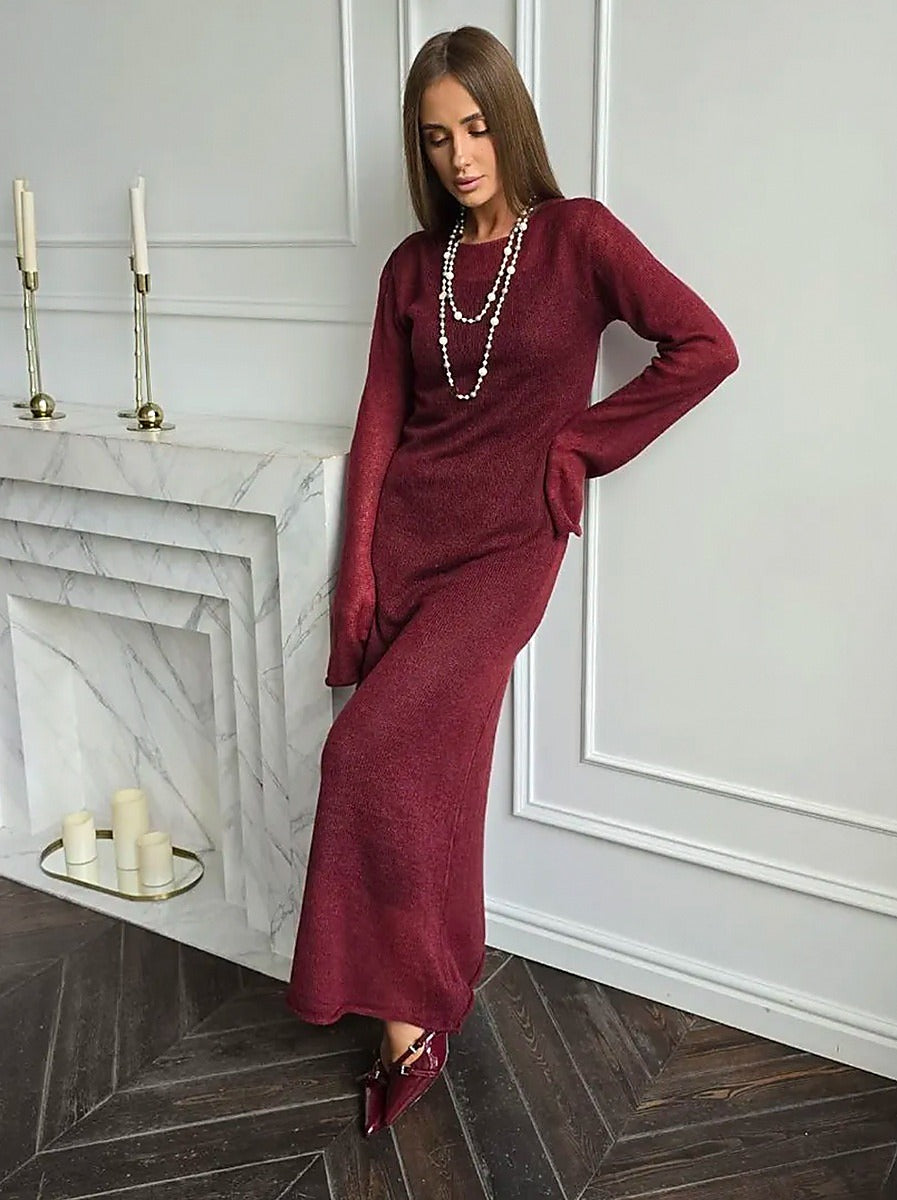 Completo in maglia traforata con abito sottoveste - Bordeaux - maglia + abito nero