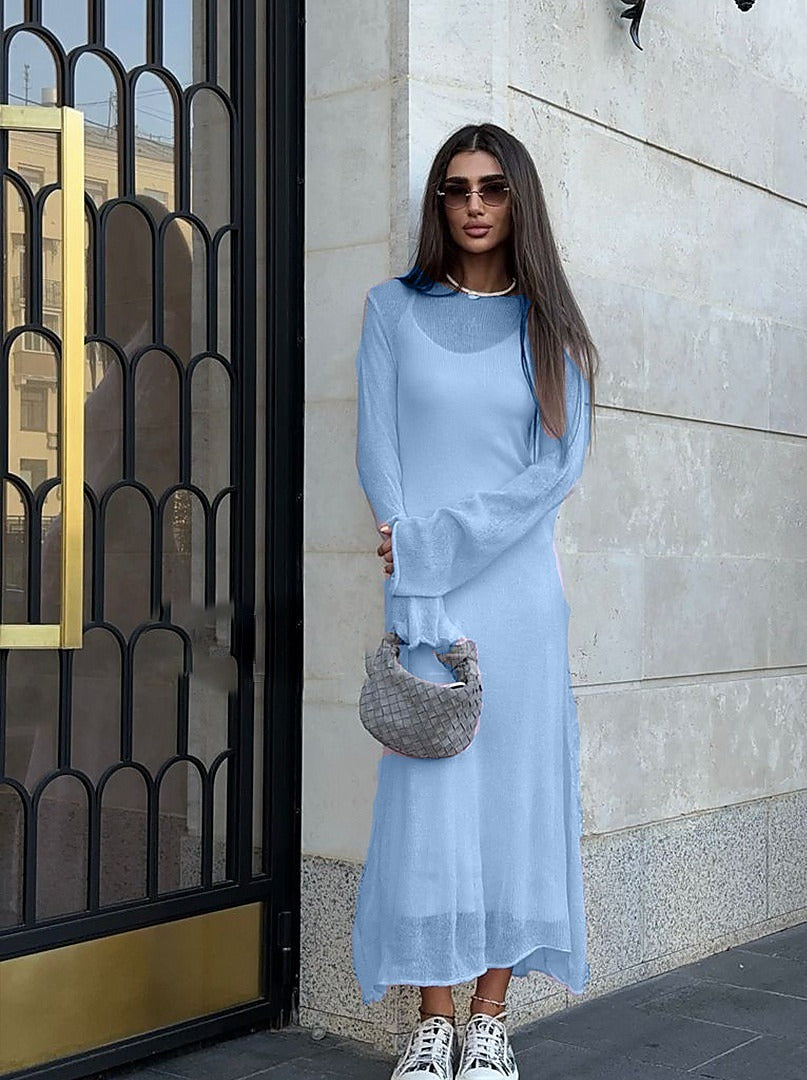 Completo in maglia traforata con abito sottoveste - Blu - maglia + abito bianco