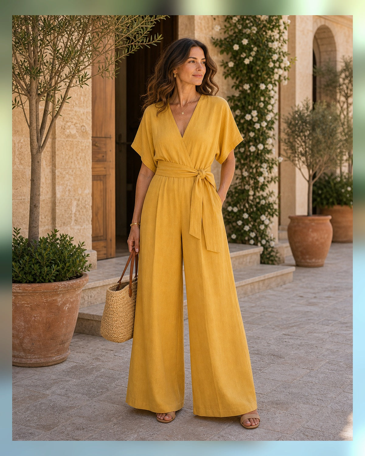 Tuta Scollo a V e Gamba Ampia - Giallo, look resort elegante