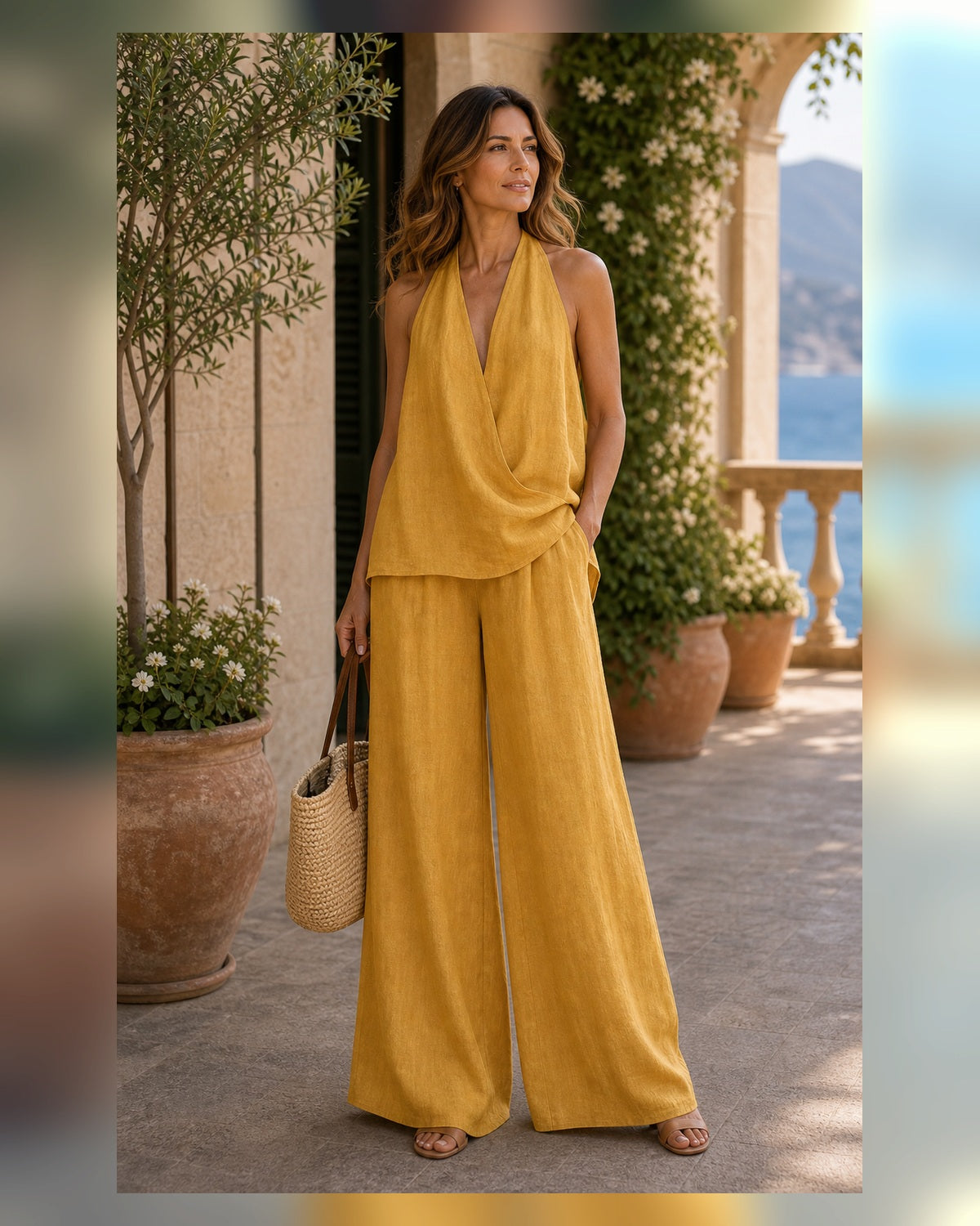 Completo Resort Avorio con Top Halter - Giallo Ocra, look resort elegante