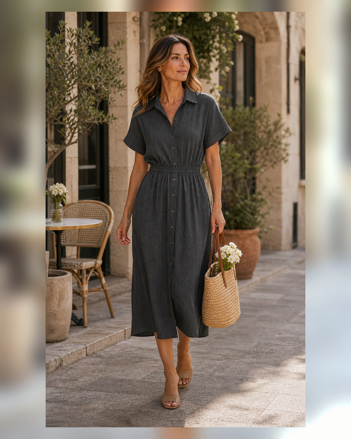 Abito Chemisier Rosa con Vita Arricciata - Grigio Nero, look estate elegante