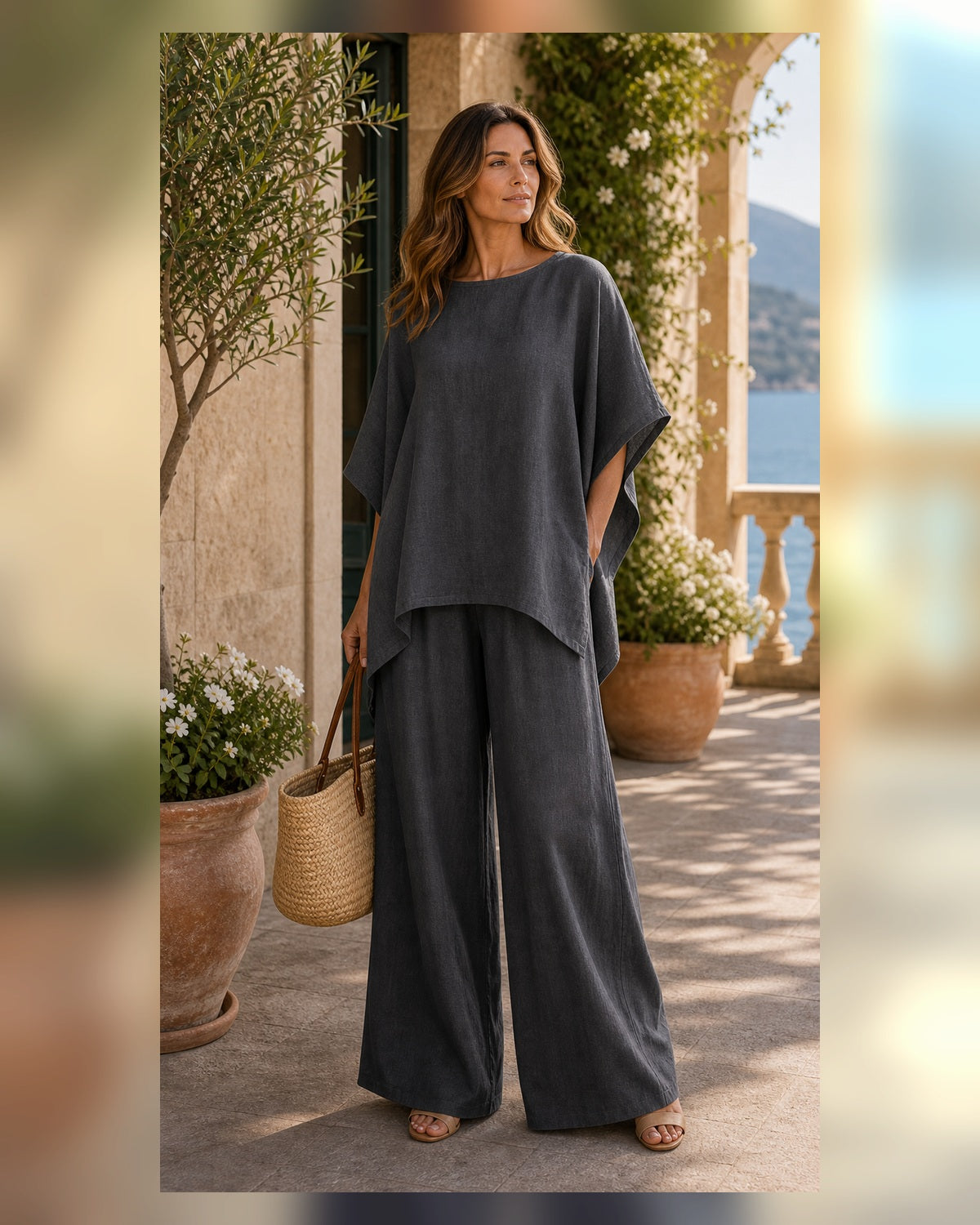 Completo Avorio in Lino con Camicia Morbida - Grigio Scuro, look resort elegante