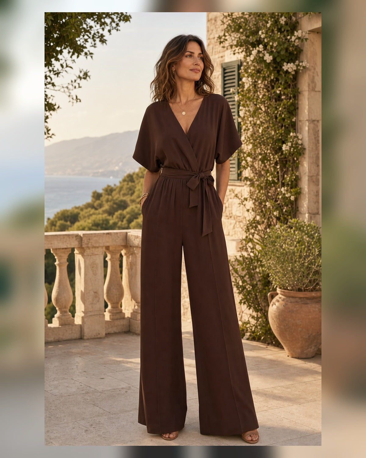 Tuta Scollo a V e Gamba Ampia - Marrone Scuro, look resort elegante