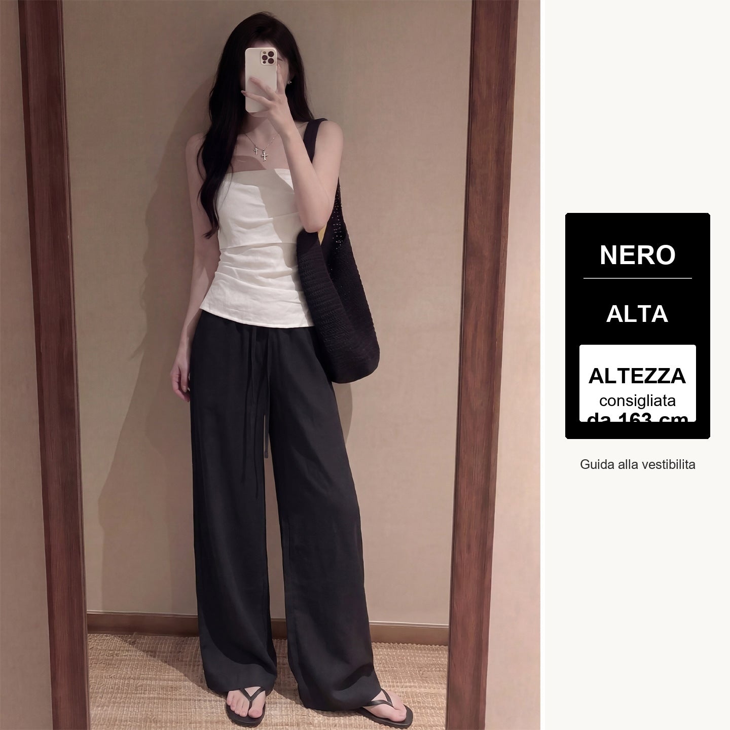 Pantaloni palazzo effetto lino - Nero - alto - guida altezza